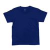 A navy blue youth t-shirt with a round neckline and short sleeves. It features a branding label inside the collar.