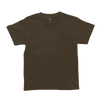 A brown youth T-shirt with a round neckline and short sleeves. It features a logo on the label.