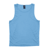 A blue singlet featuring a round neck and a label inside, designed for active wear. It has a branding logo.