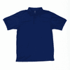 A navy blue polo shirt with a collar and three buttons, featuring a logo.