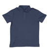 A navy polo shirt featuring a classic collar and button placket, with a logo on the chest.