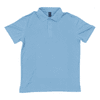 A light blue polo shirt with a collar and three buttons, featuring a logo on the chest area.