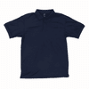 A navy polo shirt featuring a collar, three buttons, and a logo on the chest.