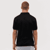 A black polo shirt displayed on a model from the back, featuring short sleeves and a collar.