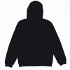 A black hooded sweatshirt featuring a front pocket and a drawstring hood. It has a logo on the front.
