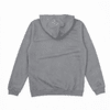 A grey hoodie with a drawstring hood, featuring long sleeves and a ribbed hem. The back view is shown.