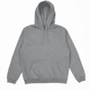 A grey hoodie with a front pocket and drawstrings attached to the hood. It features a logo.