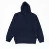 A navy blue hoodie featuring a front pocket and drawstring hood, with a logo on the lower front.