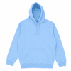 A light blue hoodie featuring a front pocket and a drawstring hood, with a logo present.