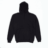 A black hoodie with a front pocket and a drawstring hood. It features a logo.