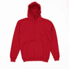 A red hoodie with a front pocket and a drawstring hood, featuring a logo on the chest area.