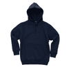 A navy blue hoodie with a front pocket and a drawstring hood, featuring a logo.