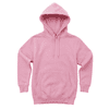 A pink hooded sweatshirt featuring a front pocket and drawstrings, with a small logo on the front.