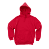 A red youth hooded sweatshirt with a front pocket and drawstrings, featuring a logo.