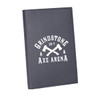 A navy leather journal featuring a logo with crossed axes and the text "Grindstone Axe Arena".