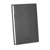 A refillable journal in dark grey leather with a sleek, minimalist design and a branded logo.