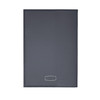 A refillable journal with a sleek grey leather cover and a subtle logo at the bottom.