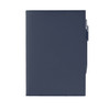 A navy blue Mela Apple Leather refillable journal with a pen holder and a logo on the cover.
