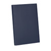 A navy blue leather refillable journal with a smooth finish and a subtle branding logo.