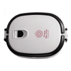 A white lunch box with a black seal, featuring a logo on the lid. It has a secure latch for closure.