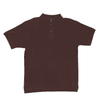 A maroon polo shirt with a collar and three-button placket, featuring a branding logo.