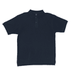 A navy polo shirt featuring a collar and three buttons, with a logo on the left side.