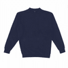 A navy crew sweatshirt with a round neckline and long sleeves. It has ribbed cuffs and hem.