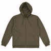 A zip-up hooded sweatshirt in olive green with a front pocket and drawstrings on the hood. It features a logo.