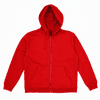 A red zip-up hooded sweatshirt with a front pocket and a hood. The hoodie features a logo on the inner tag.