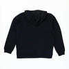 A black zip-up hooded sweatshirt with a simple design and a hood, featuring a logo.