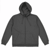 A grey zip hoodie with a drawstring hood and front pockets, featuring a logo on the label.