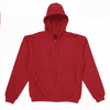 A red zip-up hooded sweatshirt featuring a front pocket and adjustable drawstrings on the hood.
