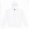 A white zip-up hoodie featuring a hood and a front pocket, with a branding label on the side.