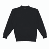 A black crew neck sweatshirt displayed flat, featuring long sleeves and a ribbed collar. It includes a logo on the inside label.