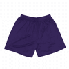 A pair of purple shorts with an elastic waistband and a smooth fabric. The item has a logo on one side.