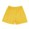 Yellow shorts with an elastic waist and a smooth, shiny fabric. The item features a brand logo.