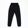 Black track pants with an elastic waistband and cuffs, featuring a logo on the waistband.
