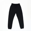 Black track pants with an elastic waistband and tapered ankles, featuring a logo on the waistband.