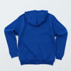 A blue hooded sweatshirt with a spacious hood and long sleeves, featuring a logo on the back.