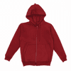 A red zip-up hoodie with a hood and front pockets. It features long sleeves and a simple design.