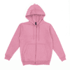 A pink zip-up hoodie with a hood and front pockets, featuring a logo on the tag.