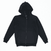 A black zip hoodie featuring a hood and front pockets, with a logo present.