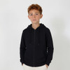 A black zip-up hooded sweatshirt for youth, featuring a front zip and drawstring hood.