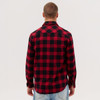 A man is wearing a red and black plaid long sleeve flannel shirt, viewed from the back. The shirt has a collar and buttons.