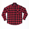 A long sleeve shirt featuring a red and black checkered pattern, with a pocket on the front and a collar.