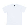 A white polo shirt featuring a collar and buttons. It has a branding logo on the neckline.
