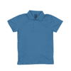 A blue youth polo shirt with a collar and a single button placket, featuring a logo on the label.