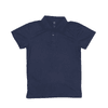 A navy blue Youth Core Polo with a collar and three button placket, featuring a branding logo.