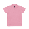 A pink youth polo shirt with a collar and buttons, featuring a logo on the label.