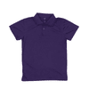 A purple youth polo shirt with a collar and button placket, featuring a logo.